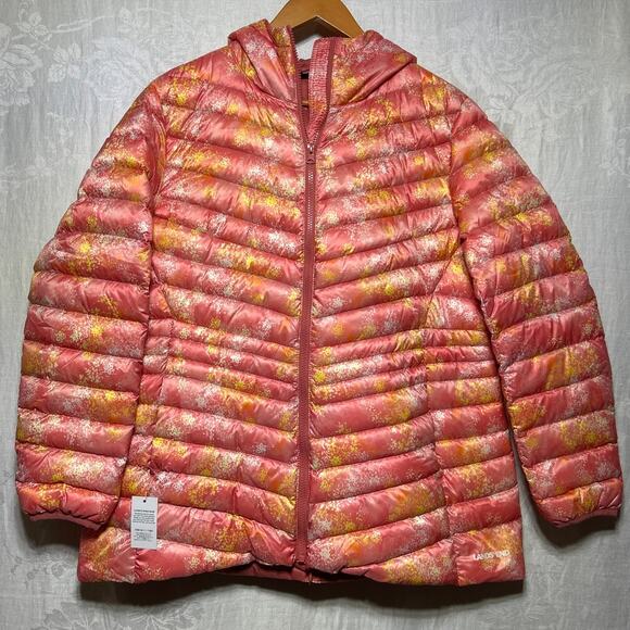 Lands' End Jackets & Blazers - Lands End Puffer Coat Large 14 16 Down Filled Packable NEW Pink Yellow Abstract
